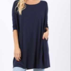 3/4 Sleeve Navy Boxy Top with Pockets